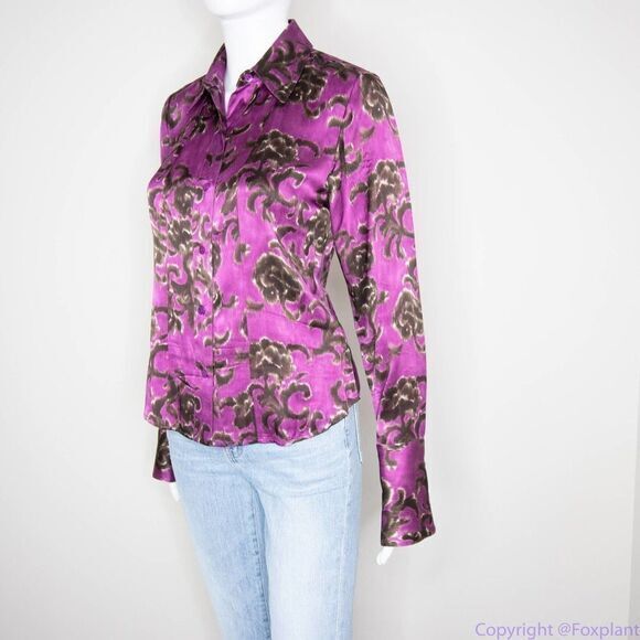 Linda Allard Ellen‎ tracy silk floral print purple shirt, size Petite 2 - Picture 15 of 16
